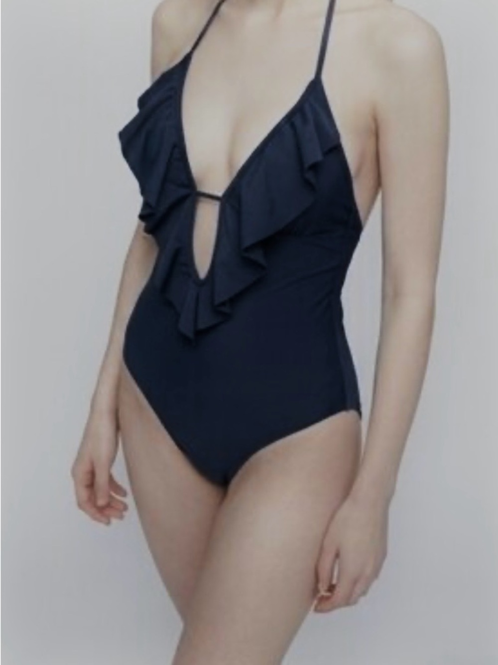 Abercrombie & Fitch Navy Ruffle One Piece Swimsuit Plunge Halter Chic Size Small - Picture 3 of 9